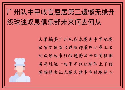 广州队中甲收官屈居第三遗憾无缘升级球迷叹息俱乐部未来何去何从