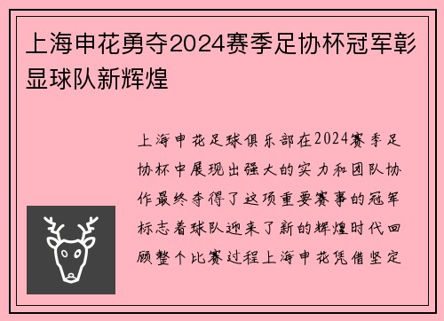 上海申花勇夺2024赛季足协杯冠军彰显球队新辉煌