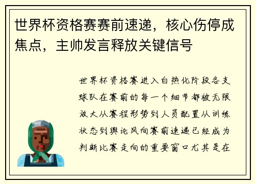 世界杯资格赛赛前速递，核心伤停成焦点，主帅发言释放关键信号