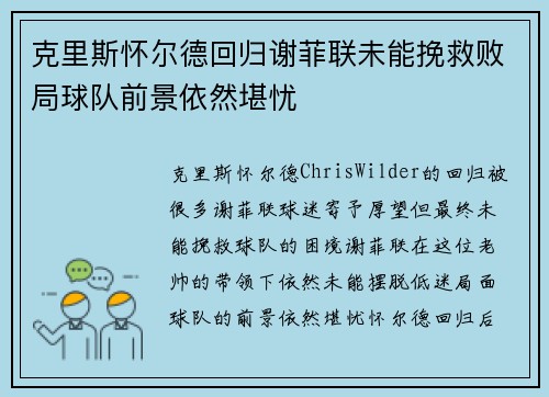 克里斯怀尔德回归谢菲联未能挽救败局球队前景依然堪忧 克里斯怀尔德回归谢菲联未能挽救败局球队前景依然堪忧